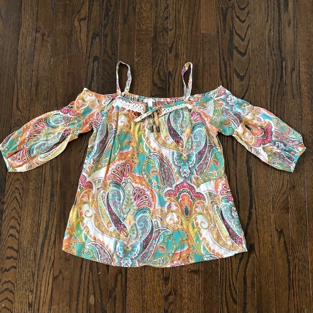 SPENSE Women’s S Orange Boho Paisley Off-The-Shoulder Puffed Sleeved V-Neck Top